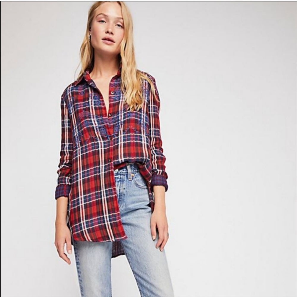 Free People Magical Plaid Blue Floral Embroidered Top